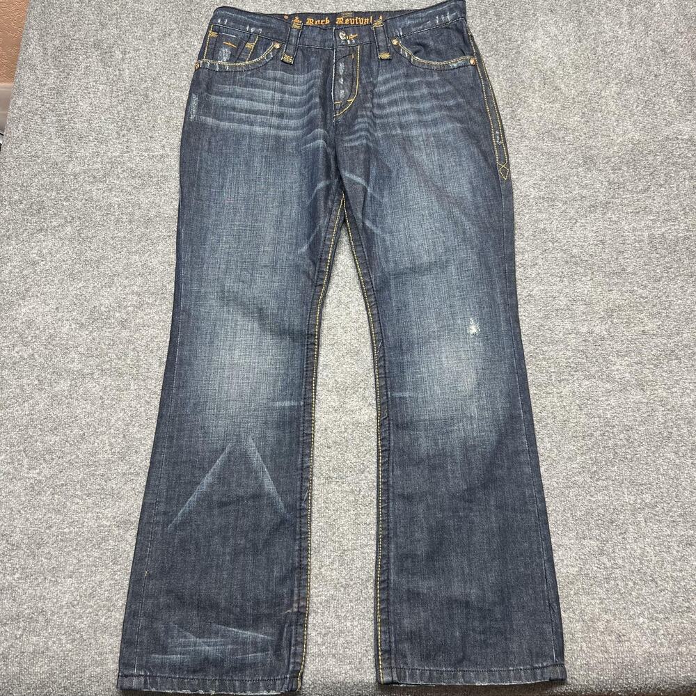 Rock Revival Jeans Mens 37 Blue Regular Bootcut Distressed Denim Embroidered